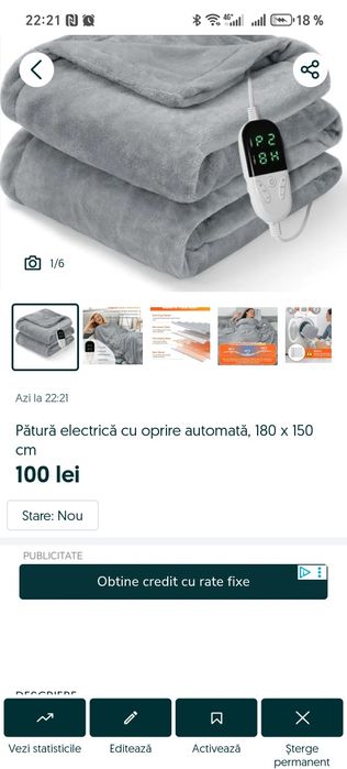 Pătură electrică cu oprire automată, 180 x 150 cm