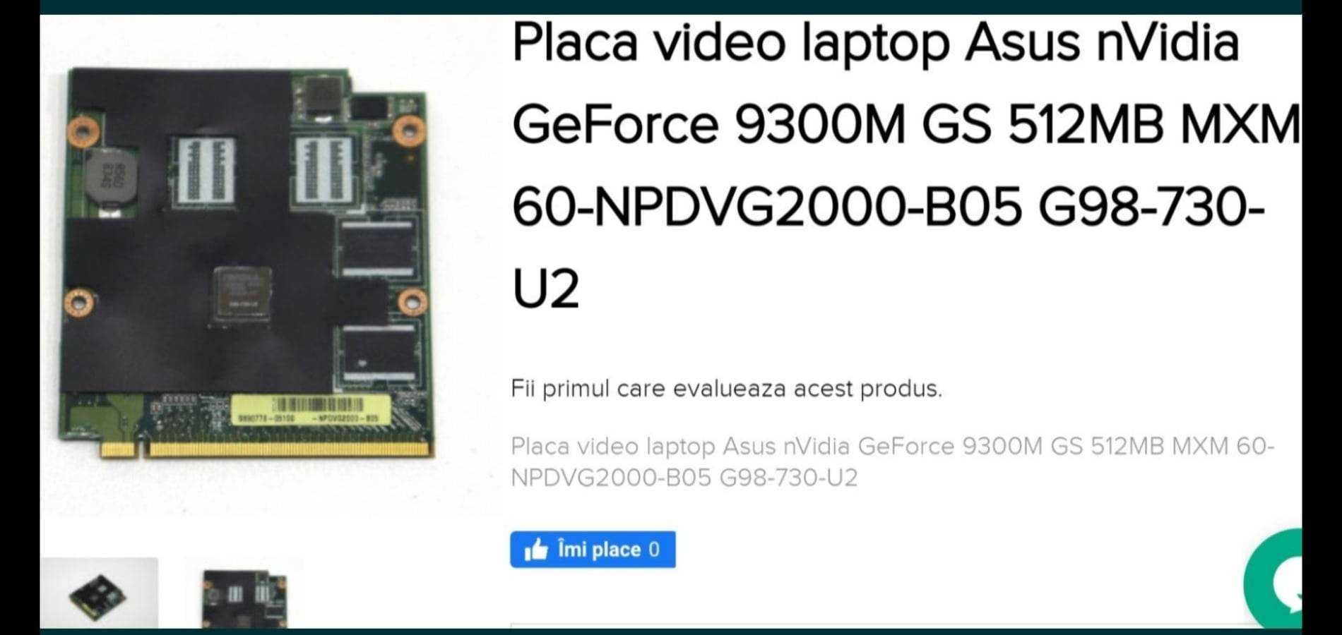 Vând placă video dedicată laptop nvidia 9300m și procesor intel P8400