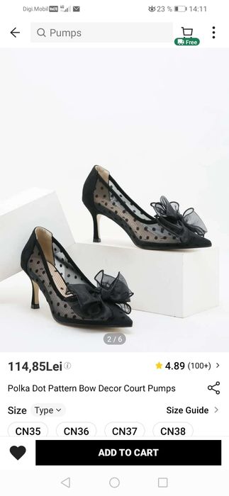 Pantofi negri cu toc eleganți din dantela cu fundita marimea 36