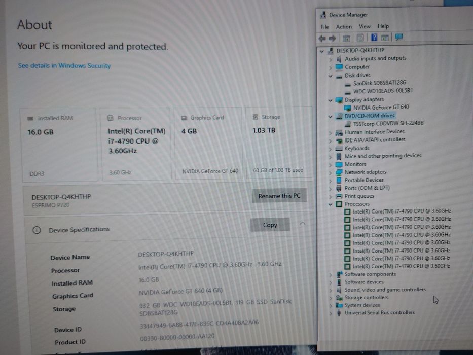Vand pc i7 4790, 16gb ram, video gt640 4gb ram,  ssd 120gb si 1tb hdd