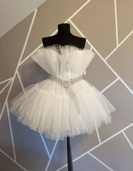 Rochie cununie alba scurta babydoll  tull cu curea de pietre