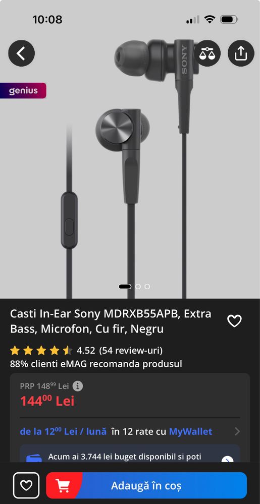 Casti Sony MDRXB55APB, in-ear, Extra Bass, Microfon, Garantie 6 luni