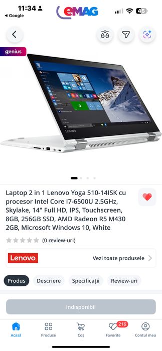 Laptop 2-în-1 Lenovo Yoga 510-14IKB / 14ISK – Alb