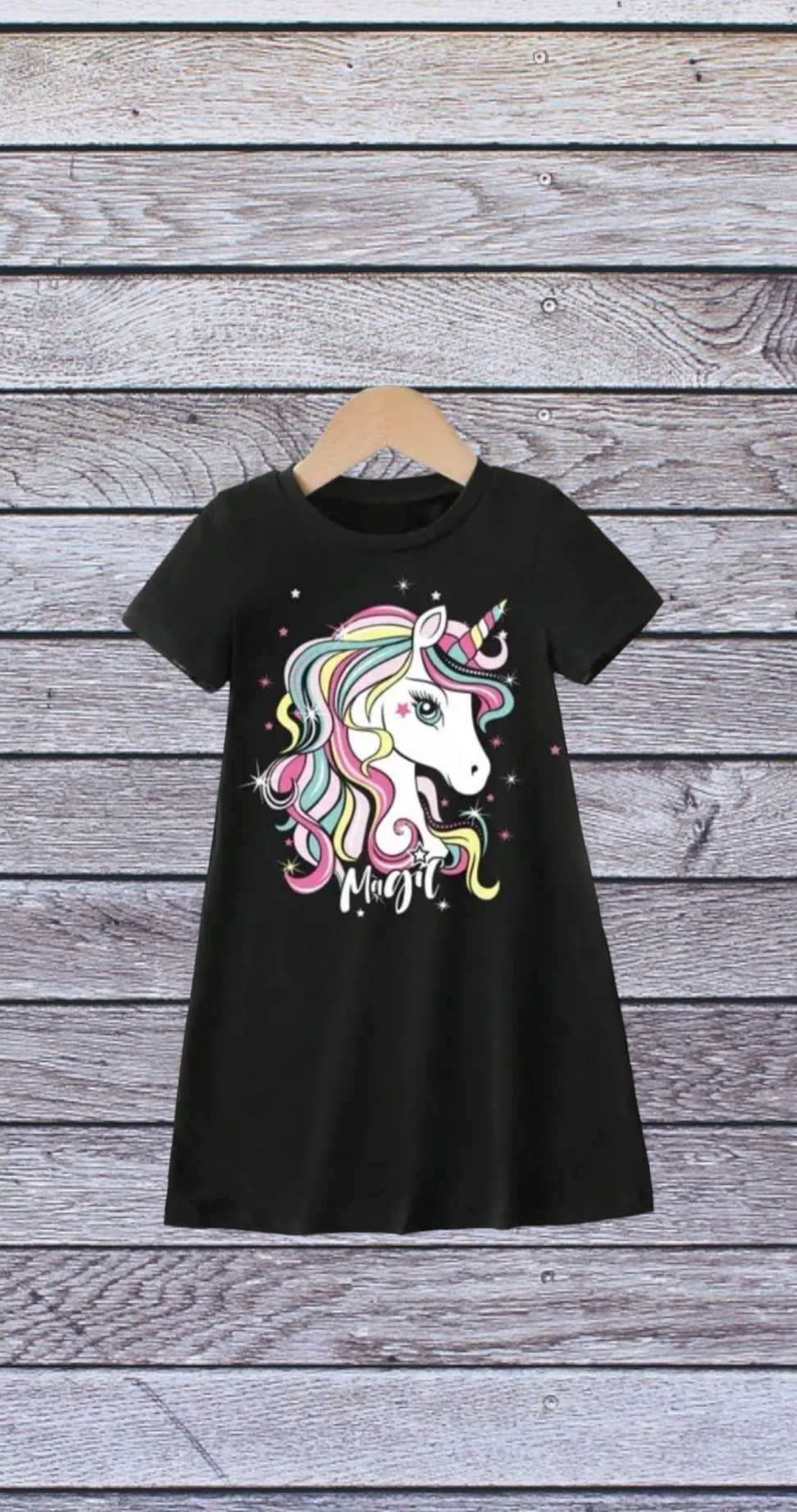 Rochie Casual Cu Mâneci Scurte Și Grafică Cu Unicorn -NOU -7-8 ani