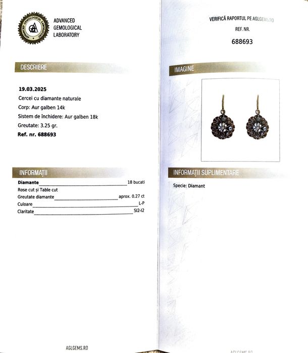 Cercei vechi autentici din aur de 14K si 18K cu diamante naturale