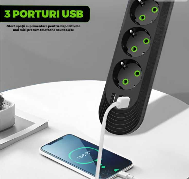 Prelungitor cu 5 Prize Schuko si 3 Porturi USB
