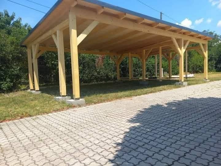 Această construcție din lemn este o terasă, o pergolă și un șopron pen