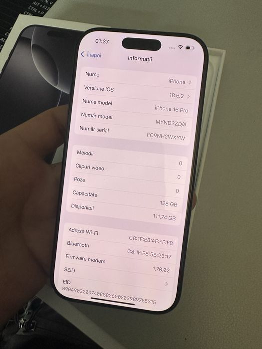 iPhone 16 Pro 128GB, impecabil, full box, garanție până în 2026