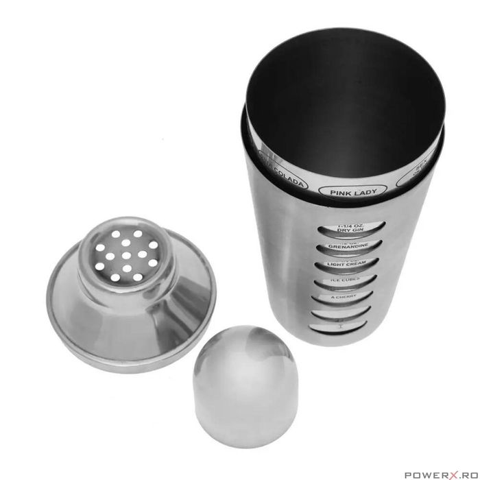 Shaker pentru bauturi si cockteil, 600ml, argintiu, cu retete, din