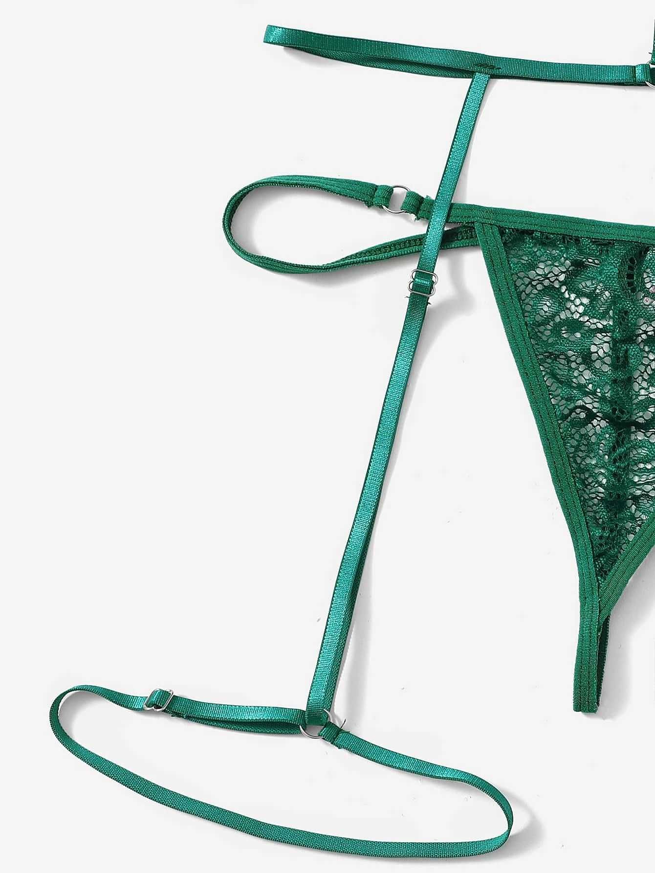 Set lenjerie sexy dantela si body harness (chocker+ portjartier) verde