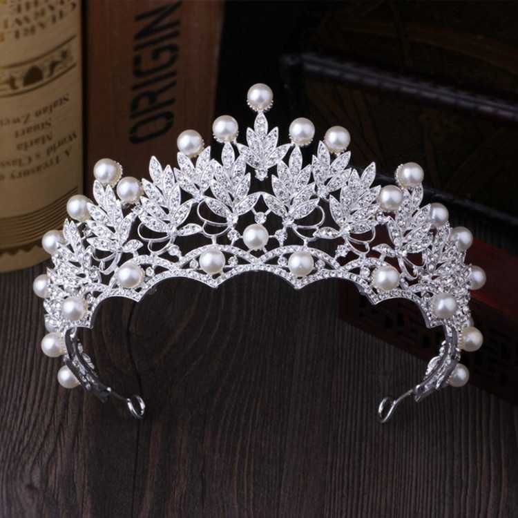 diadema coronita tiara + cercei + colier set cu perle argintiu