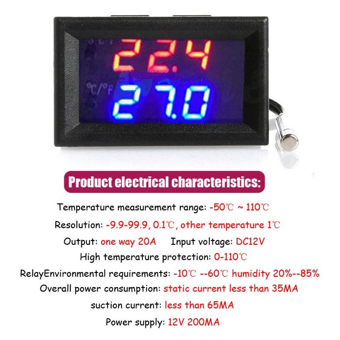 Termostat digital, termoregulator -50/+110 12V regulator temperatura