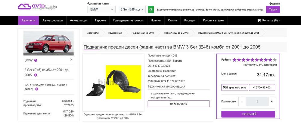 Подкалник преден десен (задна част) за BMW-E46 комби от 2001 до 2005