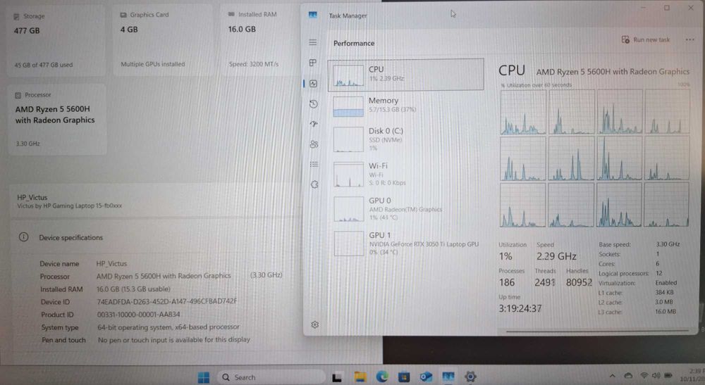 15.6' IPS HP Victus Ryzen 5 5600h/NVIDIA RTX 3050Ti 4GB GDDR6/16GB/512