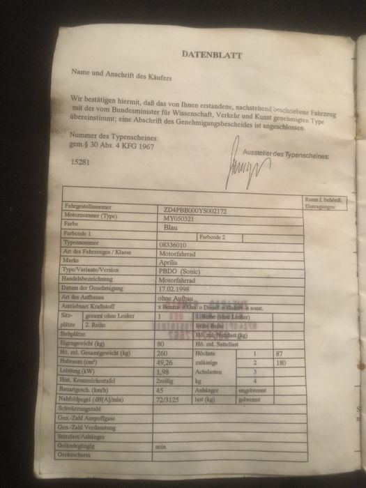 Vand sau schimb scuter Aprilia Sonic 49,26cc este defect