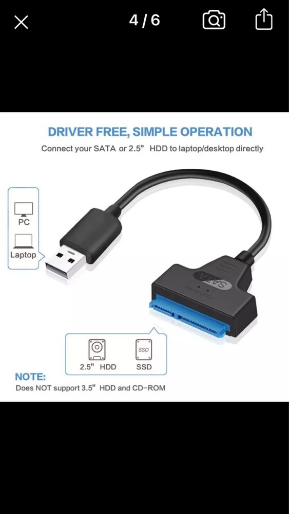 Переходник с USB 2,0 на SATA HDD 2.5 SSD 22pin за 3000т