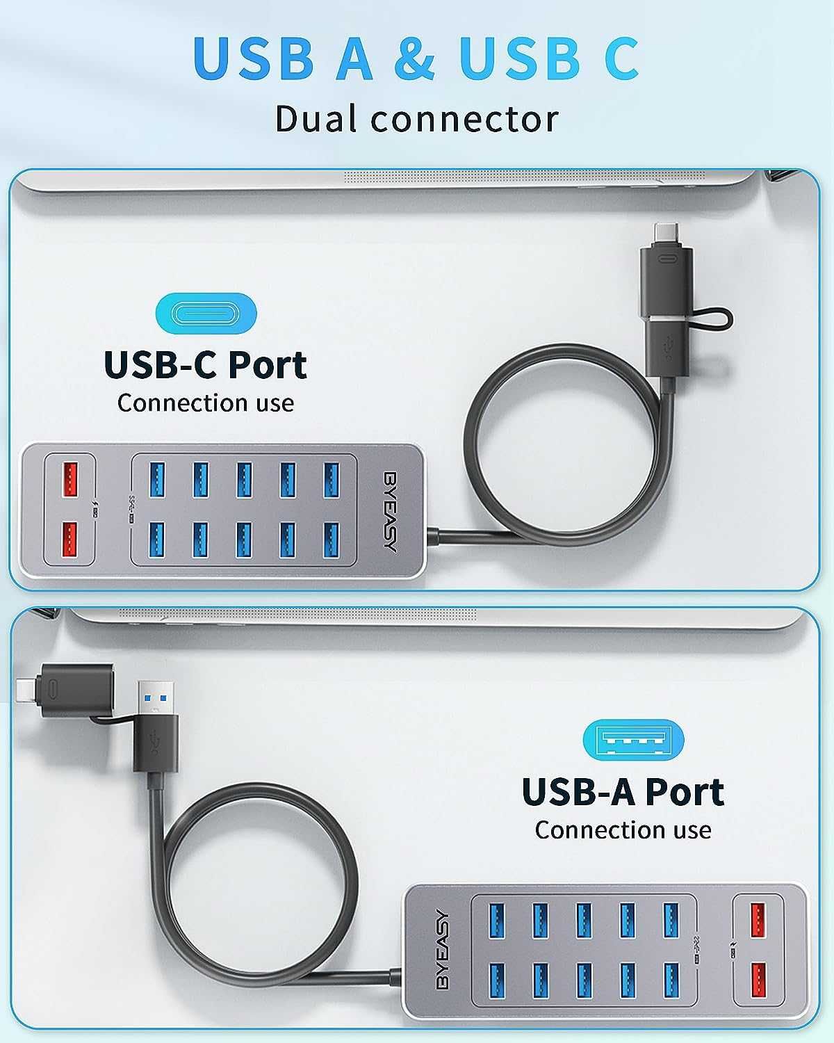 Захранващ USB хъб BYEASY 13-портов за данни 10 USB 3.0 бързо зареждане