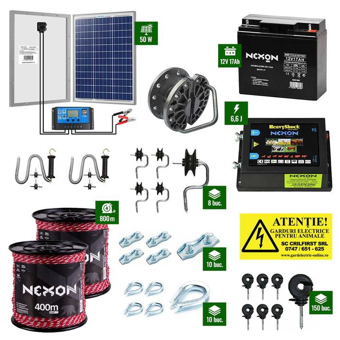 Pachet gard electric 6,6J 800m 300Kg Panou solar 50W și acum 17Ah