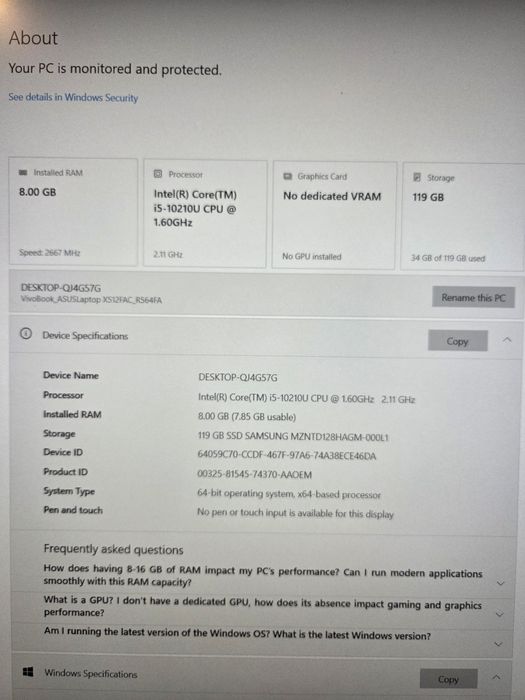 Intel I5 10210u 4 GB DDR4