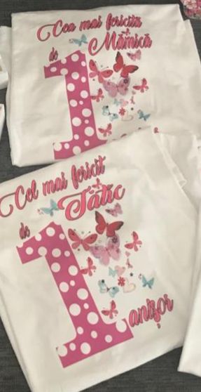 Tricou personalizat bebe 1 an aniversare mot turta party mama tata