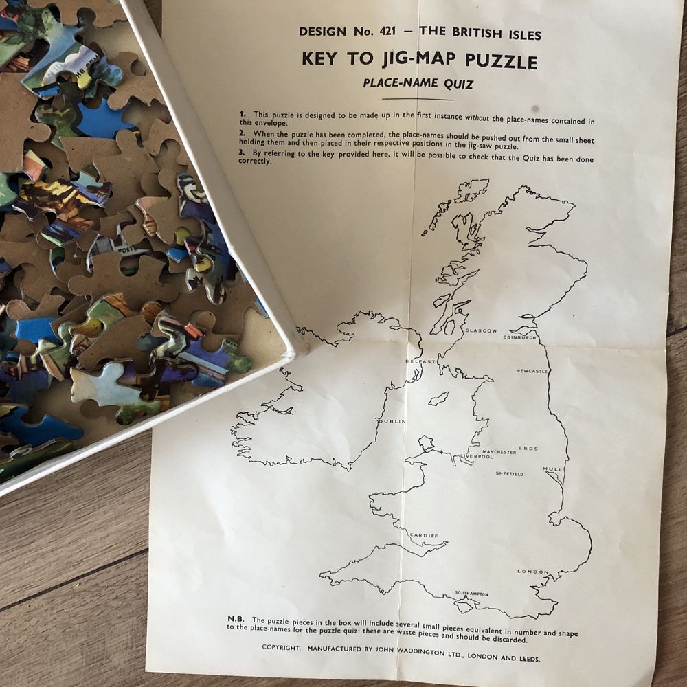 PUZZLE Vintage 1970 Jig-Map Marea Britanie Waddington | joc harta