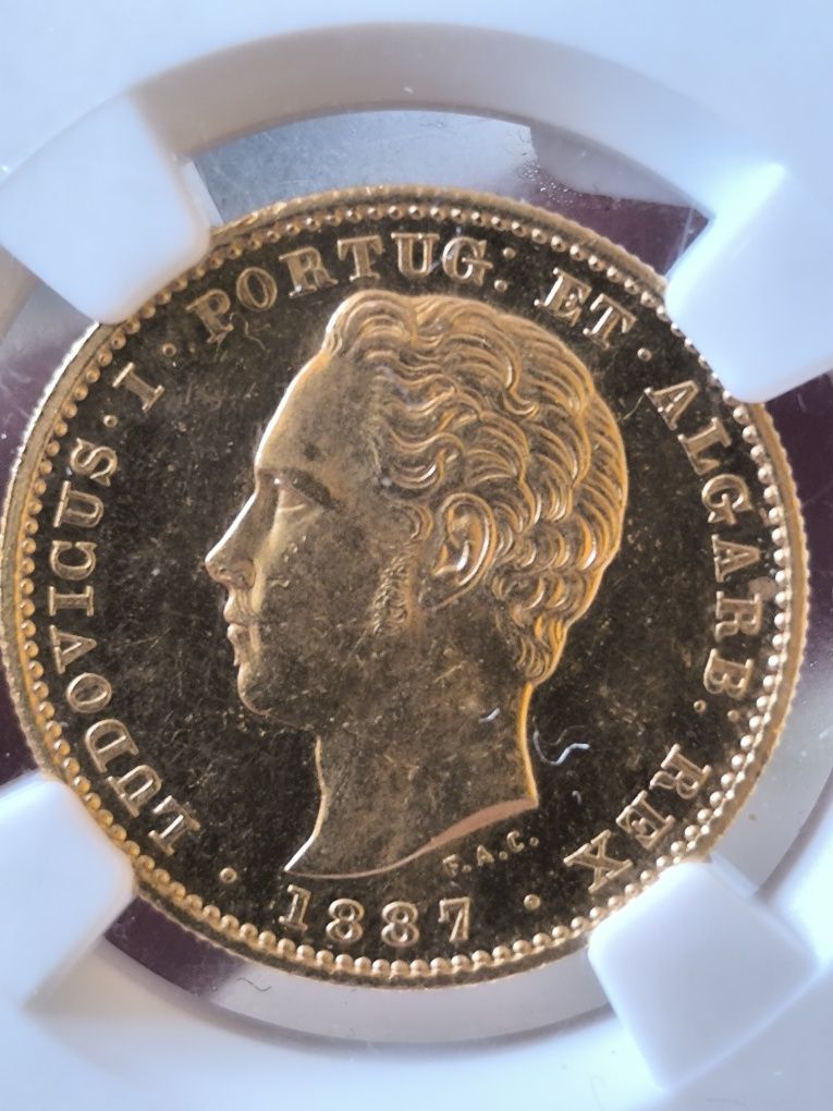 5 000 рейс1887 год, Португалия,Луиш I, злато 8.87 гр,917/1000 MS 62