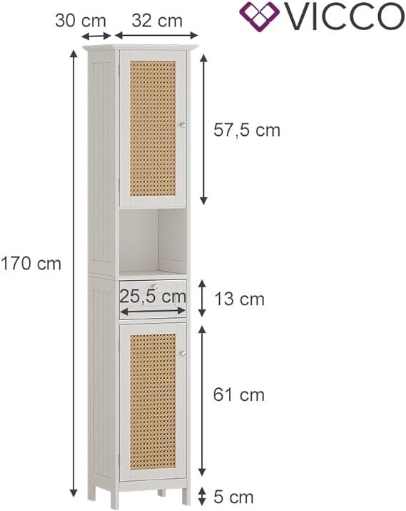 Шкаф за баня vicco rosario бял 32 х 170 см с 2 врати