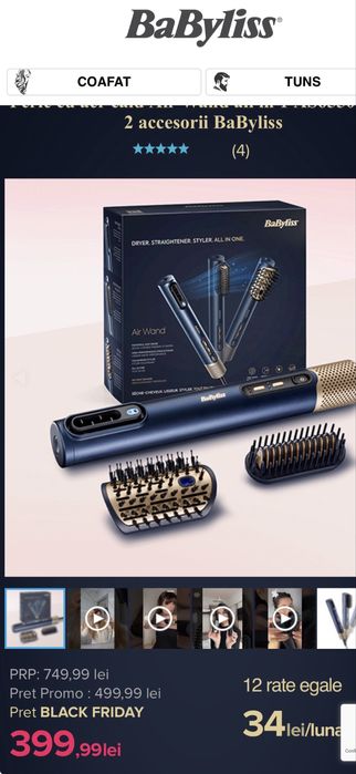 Perie cu aer cald Air Wand all in 1 AS6550CE + 2 accesorii BaByliss