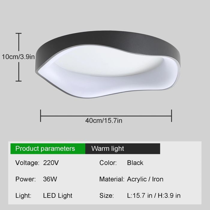 Модерна LED таванна лампа, черна 40 см