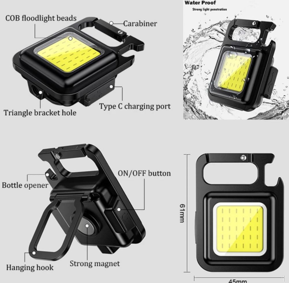 Мултитул 4в1 LED фенер ключодържател отварачка силен магнит USB