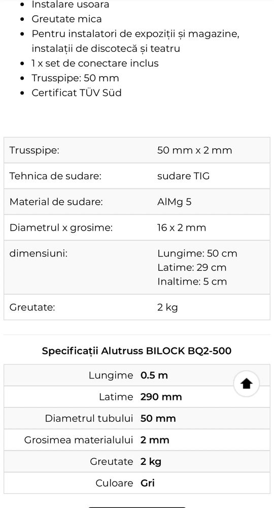 Schela lumini alutruss in 2 puncte lungime 0.5 metri