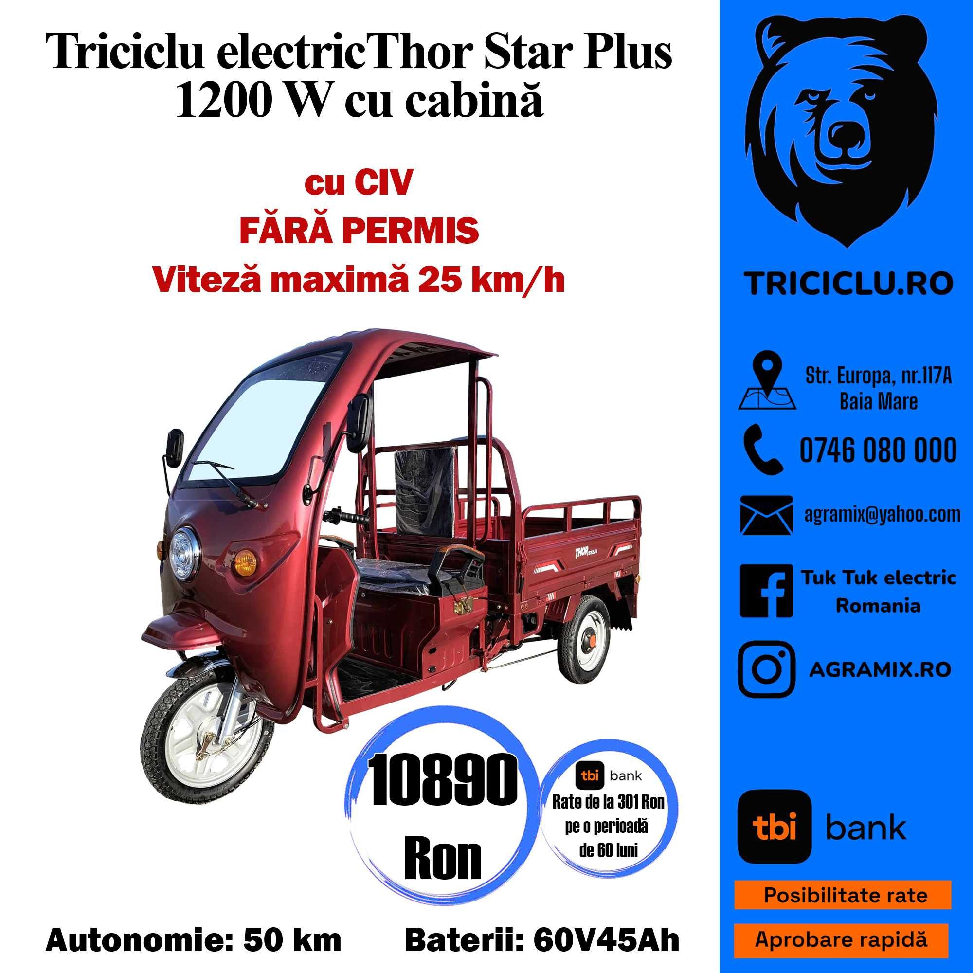 Triciclu electric- fara permis Thor StarPlus nou 1200W cu bena Agramix