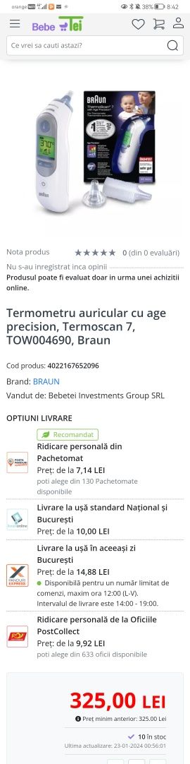 Termometru auricular cu age precision, Termoscan 7, Braun. Nou,