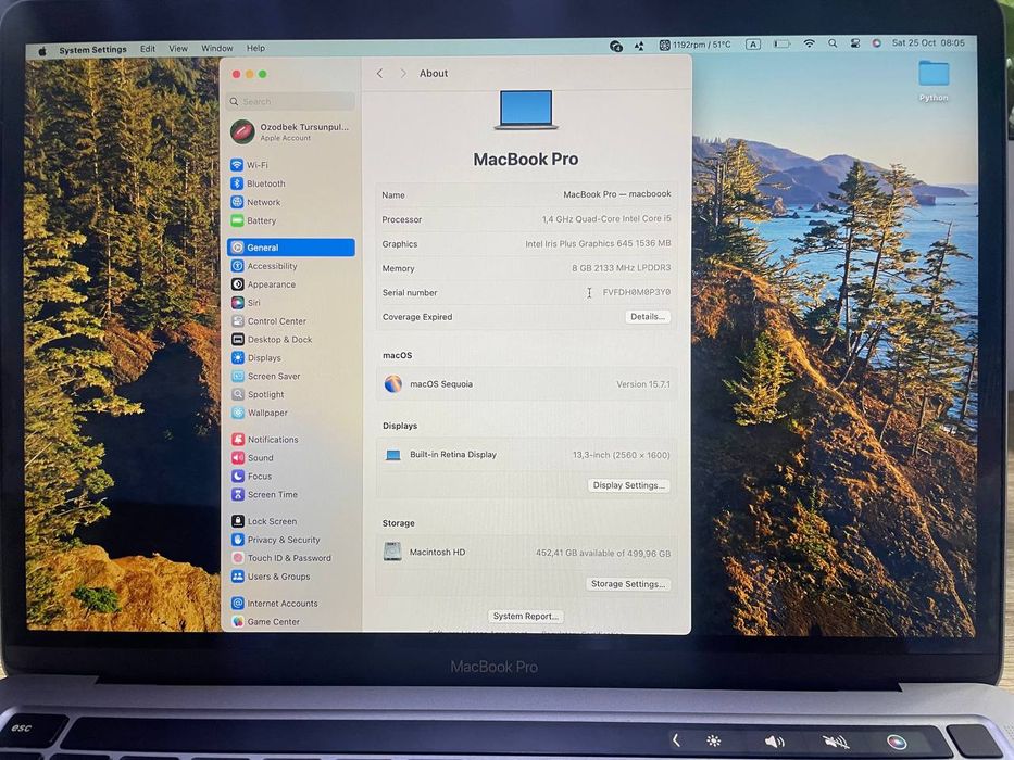 Mackbook pro 13 Batareya: 92% 8/512