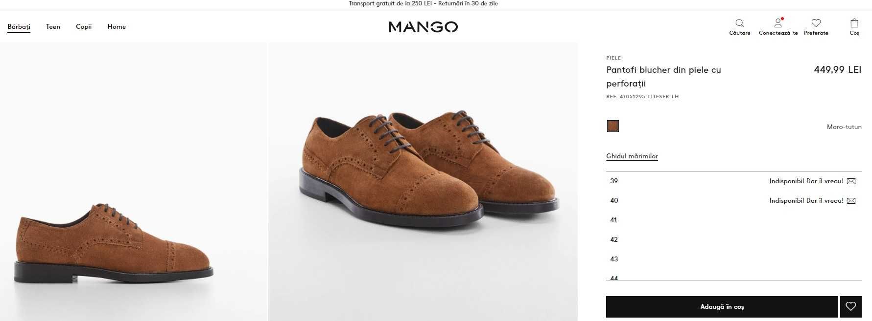 Pantofi derby cap toe Mango 42 piele naturala