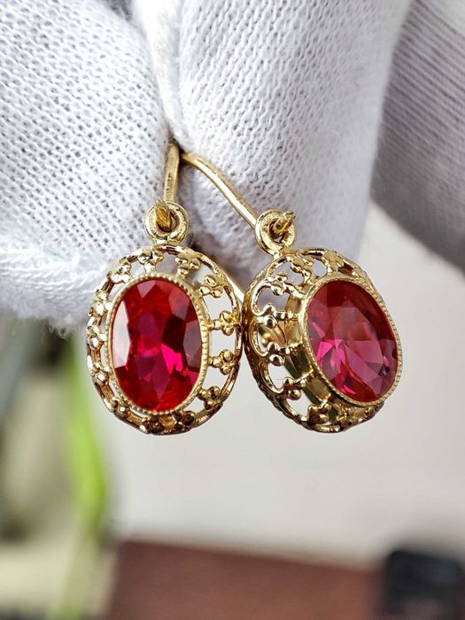 Cercei Aur 14K Cu Rubelit Ungaria Fleur De Lis +