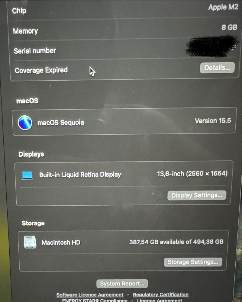 MacBook Air 13.6” M2, 8GB RAM, 512GB SSD, Stare excelentă