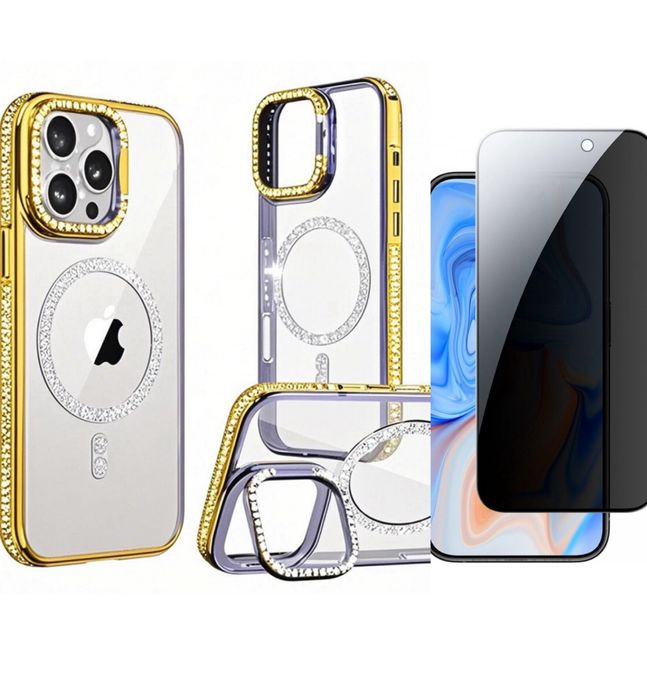 Iphone 15/16/PRO/MAX Husa Stand Glitter + Folie Sticla Full Space