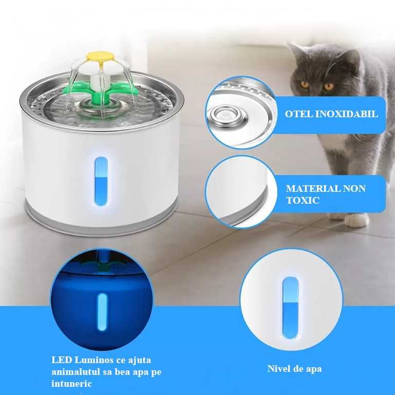 Dispenser de apa automat, iluminare LED, 2.4L, pentru animale