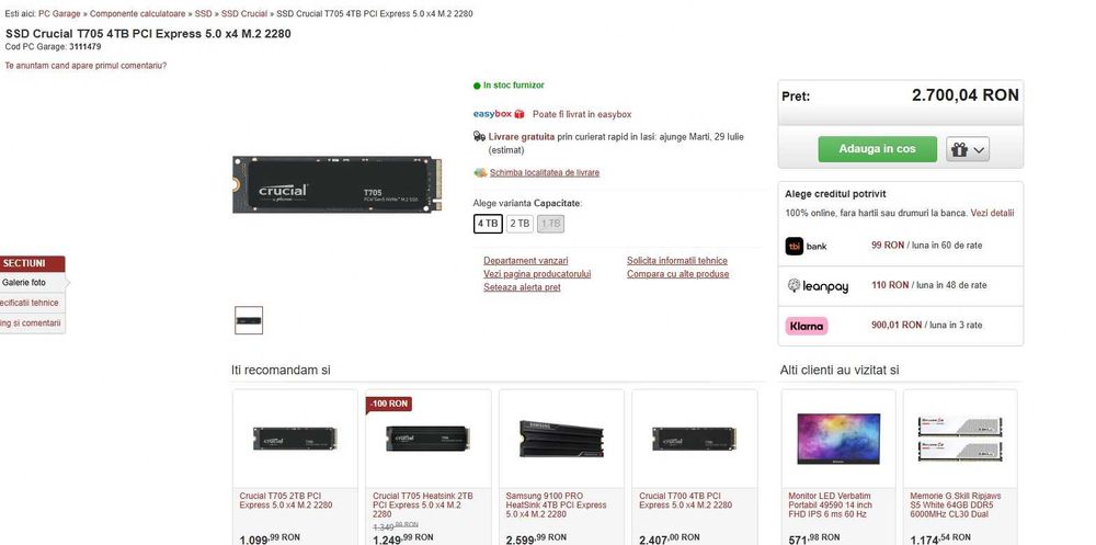 SSD Crucial T705 de 4TB PCIe 5.0 – nou, sigilat -oferta