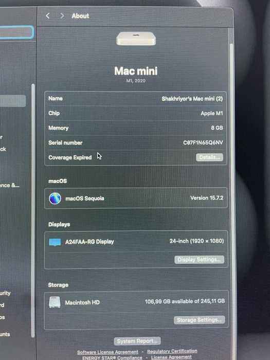 Mac mini m1 masla xolatda 10/10 8/256 350fps gacha kotaradi
