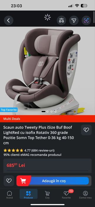 Scaun auto rotativ 360 cu pozitie de somn, 0-36 kg , 40-150 cm