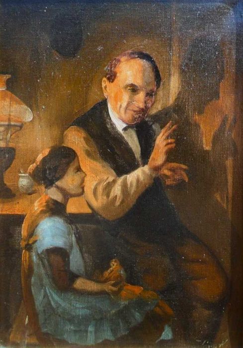 ”Jocul umbrelor pe perete” - Tablou Ulei pe panza, f VECHI.