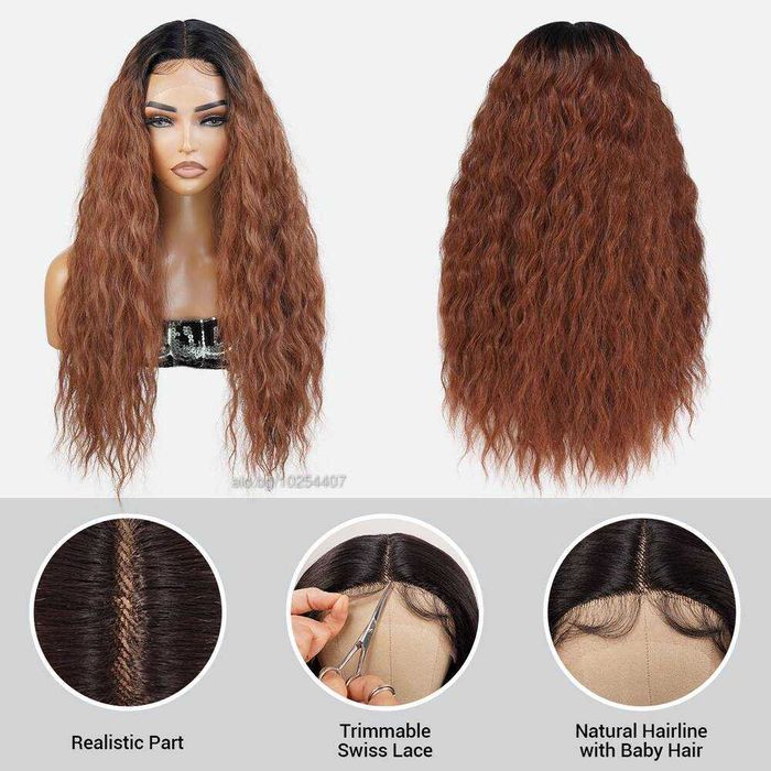 Кафява къдрава омбре дантелена перука с тъмни корени лейс фронт