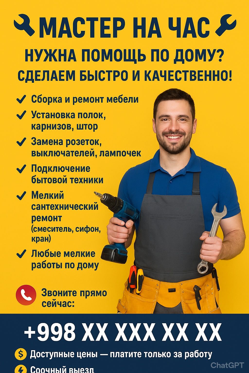 МАСТЕР НА ЧАС 
Нужна помощь по дому? Сделаем быстро и качественно!