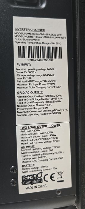 Invertor hibrid Easun, 4,2 KW, 24 V, adaptor wifi, interfata BMS