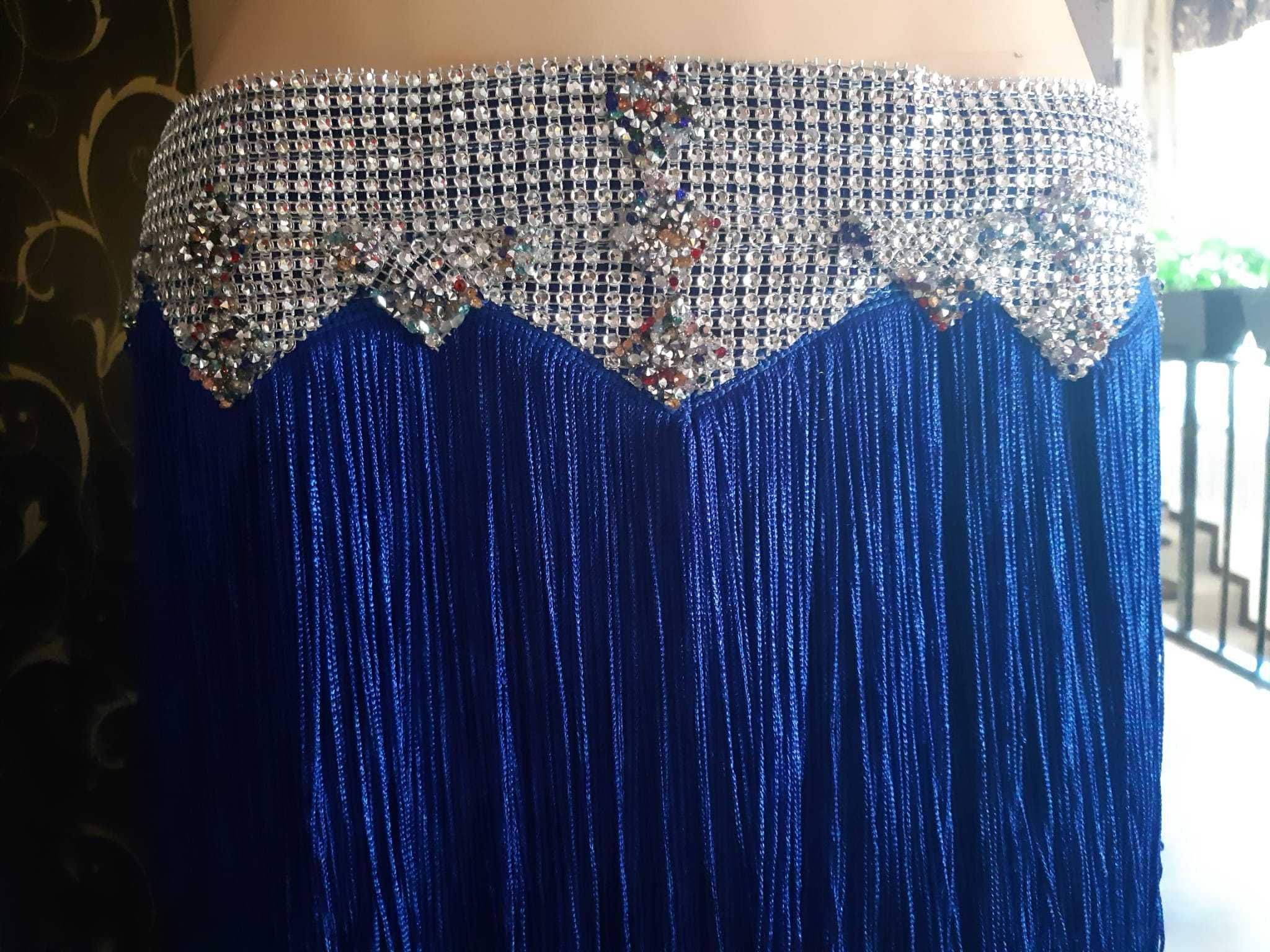 Costum belly dance, nou, albastru cu argintiu