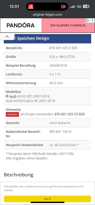 Jante Audi 18 cu anvelope de iarnă  235/40/18, dot 2022, 8,5J-et 29