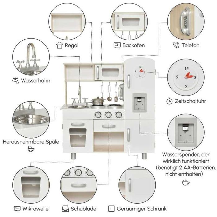 Детска кухня HOMCOM с аксесоари, Бор, МДФ, Бяло, 74 x 30 x 81 см
