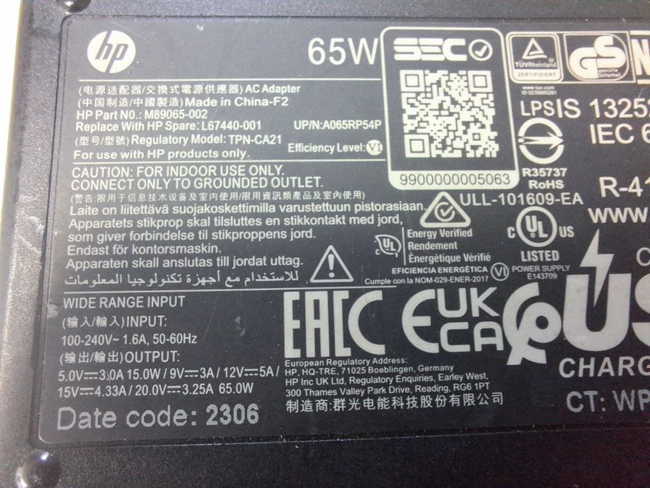 65W USB-C AC Charger for HP Laptops and Phones 20.0V 3.25A